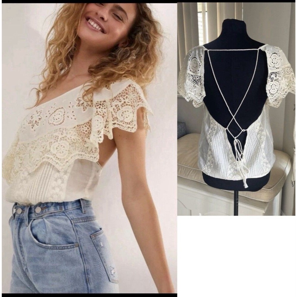 Free People Backless Gardenia Sweet Summer Top Pintuck Lace Crochet M